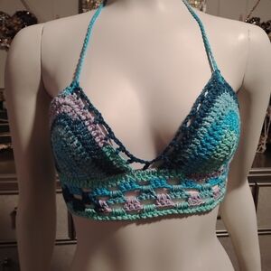 Crochet Halter Top in Blue and Green